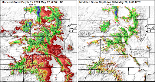 These images from the National Operational Hydrologic Remote Sensing Center show the modeled snow depth in Colorado on May 12 and May 20