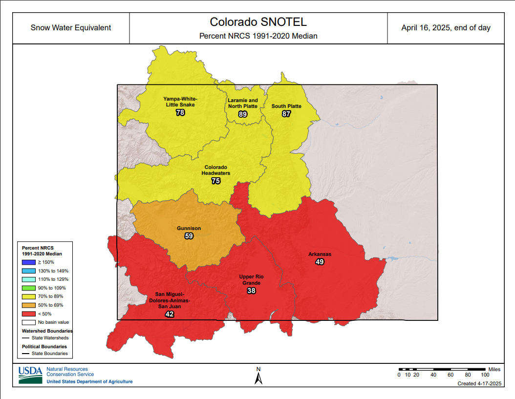 Map showing below average SWE across colorado