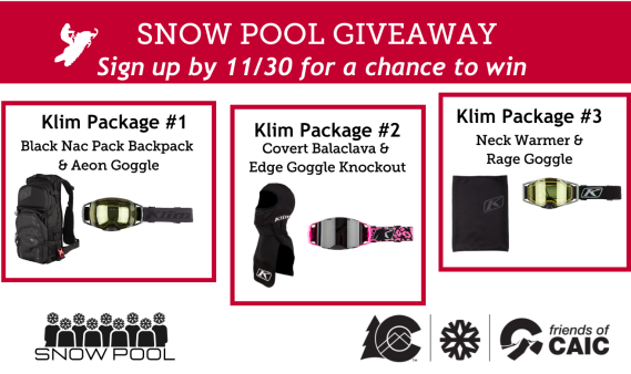 Graphic showing three snowmobile raffle packages with KLIM gear for Snow Pool 