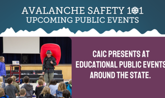 Graphic promoting upcoming public avalanche safety events with an image of a CAIC forecaster with a deployed airbag at a school. 