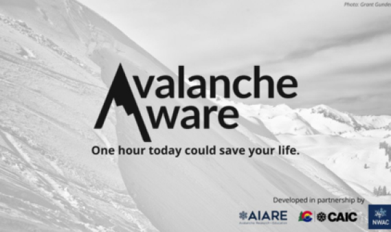 Avalanche aware text on snow covered slope with logos