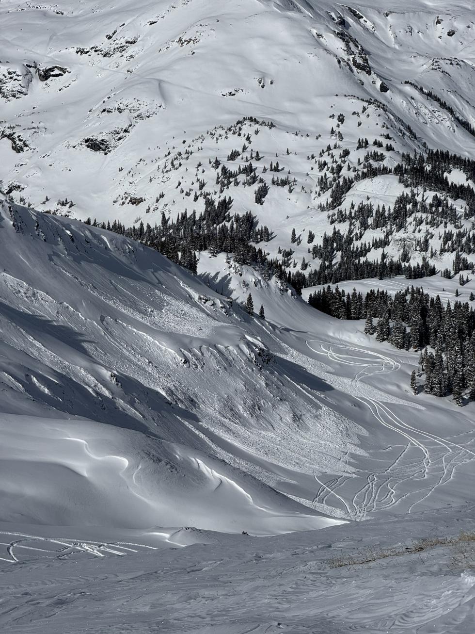Large avalanche above lots of snowmobile tracks in a flat area