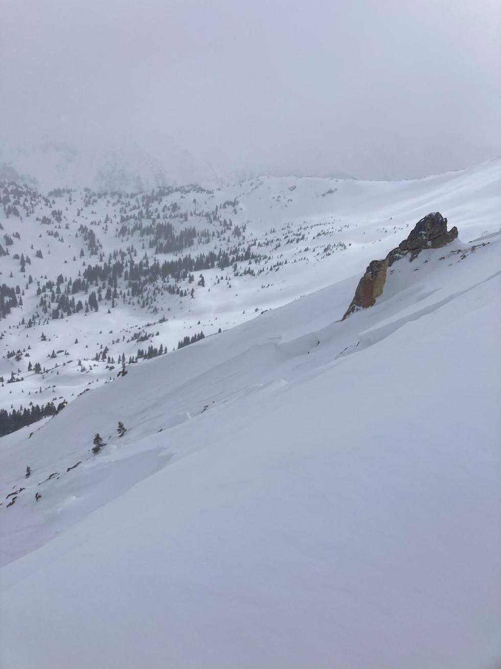 Stormy picture of an avalanche on a steep slope. 