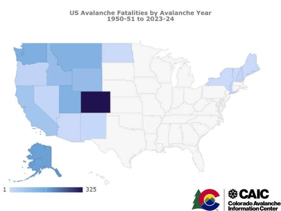 Map of US Avalanche Fatalities by State