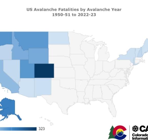 US Avalanche Fatalities by State (Map, 1950-2023)